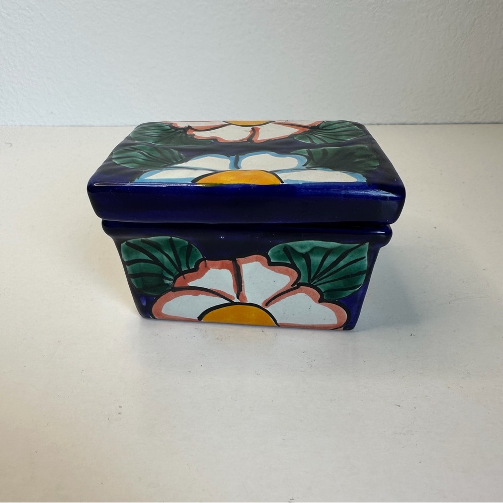 Talavera Blue‎ White Floral Trinket Box 4x3x2.5